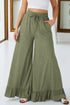 Pull On Elastic High Waist Drawstring Pocket Ruffle Hem Wide Leg Pants